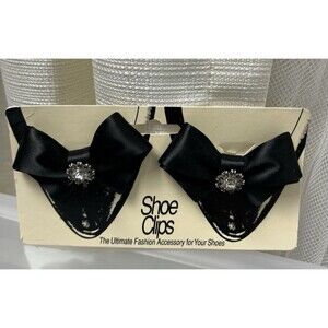 New Vintage Collectible Womens Rhinestone Black Bow Clip On Shoe Clips